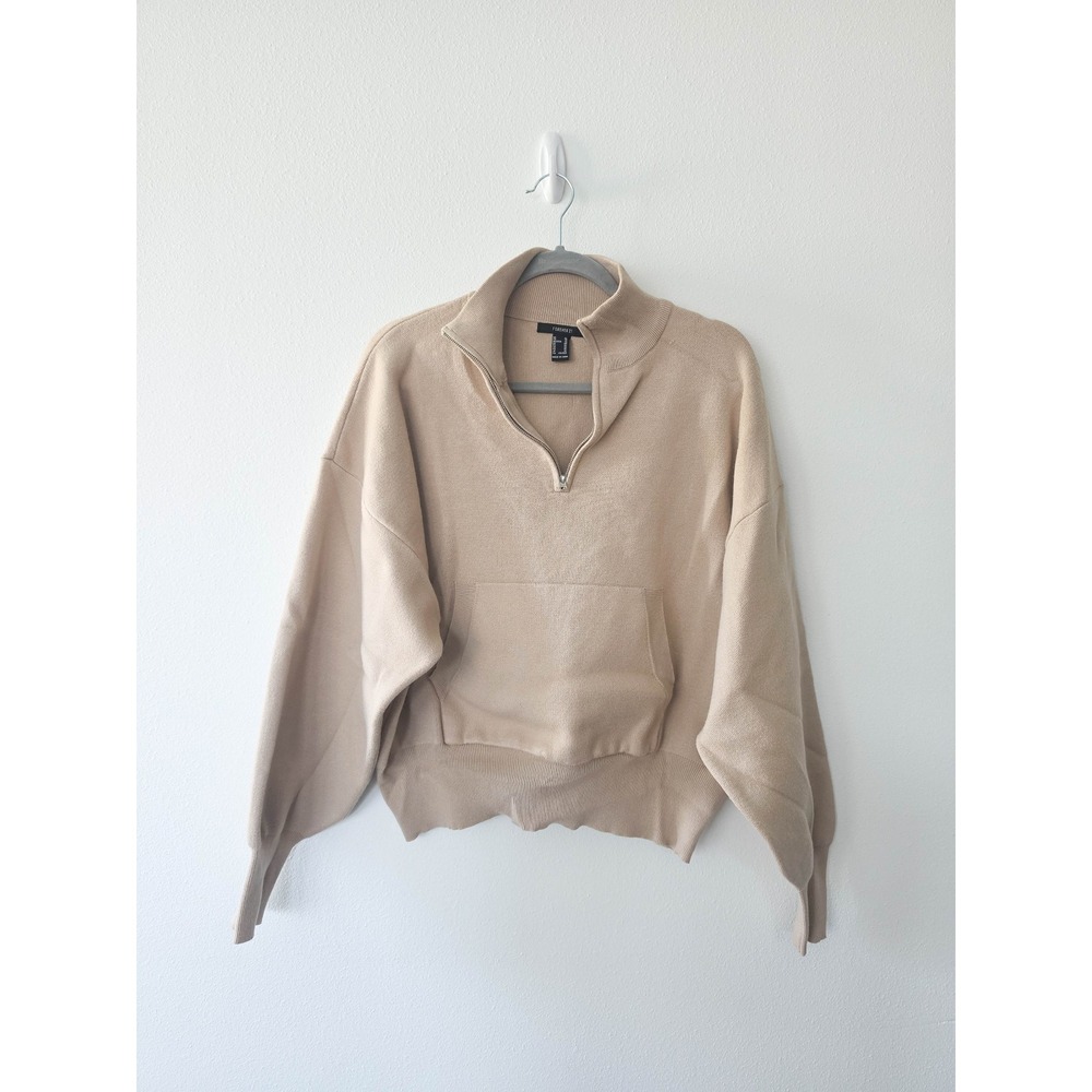 Forever 21 Tan Beige Quarter Zip Batwing Sweater Mock Neck Pullover XL